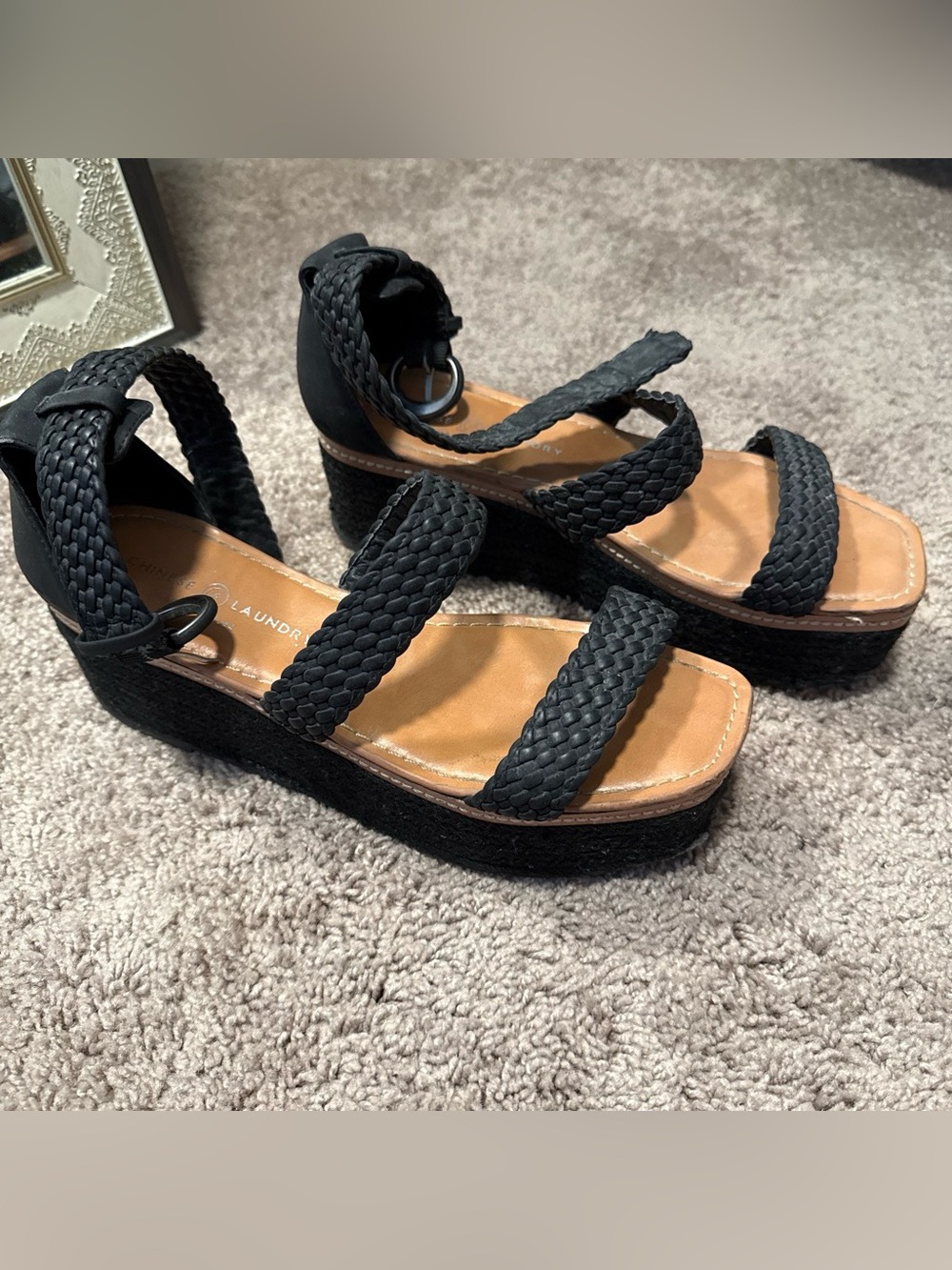 Chinese Laundry Black Braided Platform Sandals with Ankle Strap